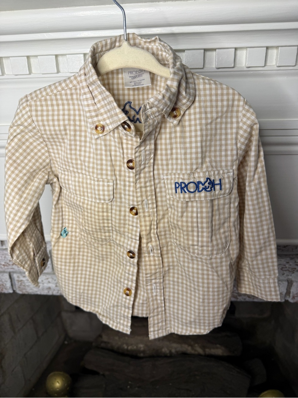 Prodoh Beige Gingham Button-Down Kids Shirt with Embroidered Logo